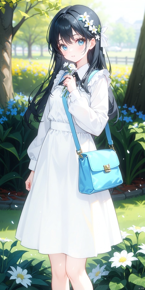 1girl, solo, long hair, looking at viewer, bangs, blue eyes, black hair, long sleeves, dress, holding, standing, flower, outdoors, bag, white dress, blurry, tree, handbag