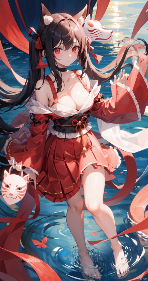 1girl, solo, long hair, breasts, looking at viewer, bangs, black hair, red eyes, long sleeves, dress, bow, holding, cleavage, hair between eyes, bare shoulders, twintails, medium breasts, very long hair, full body, detached sleeves, japanese clothes, water, sash, bare legs, thigh strap, mask, obi, red dress, pink dress, red nails, fish, string, fox mask, ripples, string of fate, holding mask