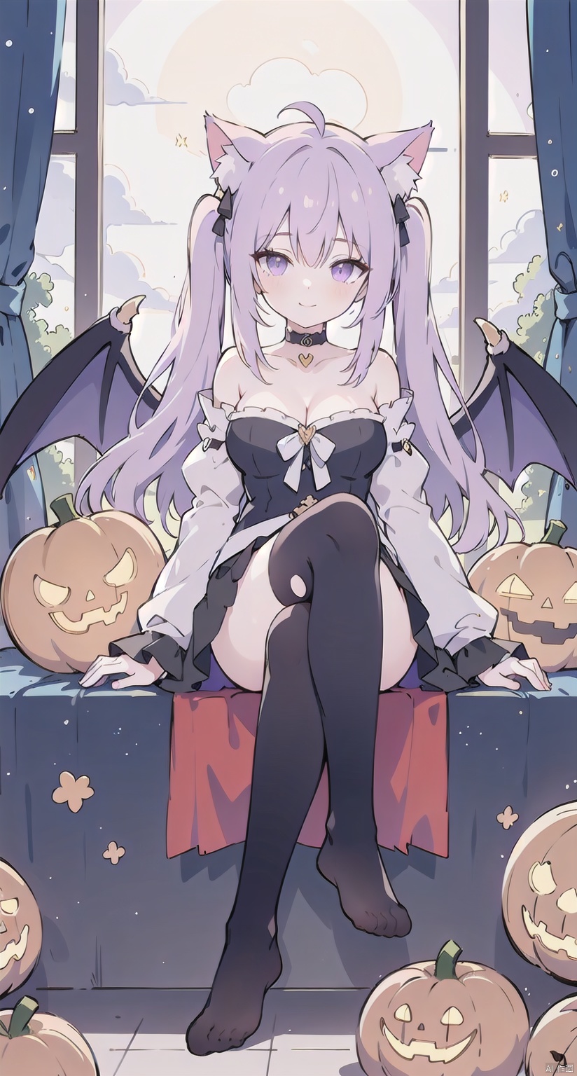 1girl, solo, long hair, breasts, looking at viewer, blush, smile, bangs, skirt, large breasts, hair ornament, thighhighs, animal ears, cleavage, bare shoulders, twintails, medium breasts, sitting, very long hair, closed mouth, purple eyes, tail, purple hair, braid, ahoge, heart, thighs, frills, detached sleeves, wings, choker, black thighhighs, indoors, virtual youtuber, cat ears, black skirt, feet, cat tail, animal ear fluff, see-through, pillow, torn clothes, window, toes, night, low twintails, black choker, no shoes, soles, moon, cat, crossed legs, cat girl, single thighhigh, night sky, full moon, halloween, demon wings, ghost, jack-o'-lantern, torn thighhighs, heart ahoge