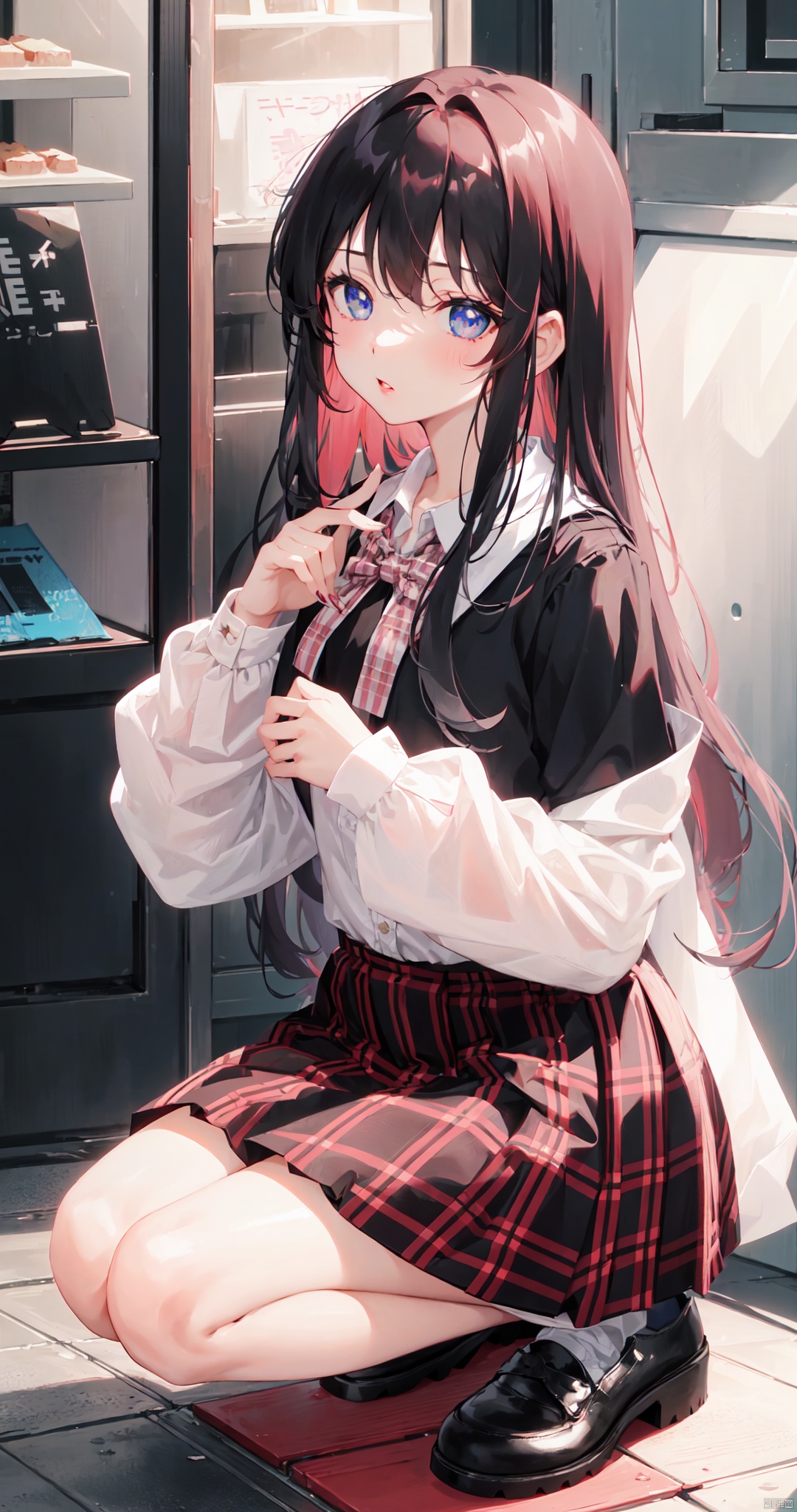 1girl, solo, long hair, looking at viewer, bangs, blue eyes, skirt, shirt, black hair, long sleeves, white shirt, flower, shoes, plaid, kneeling, plaid skirt, hand on own chest, pink footwear, red lips