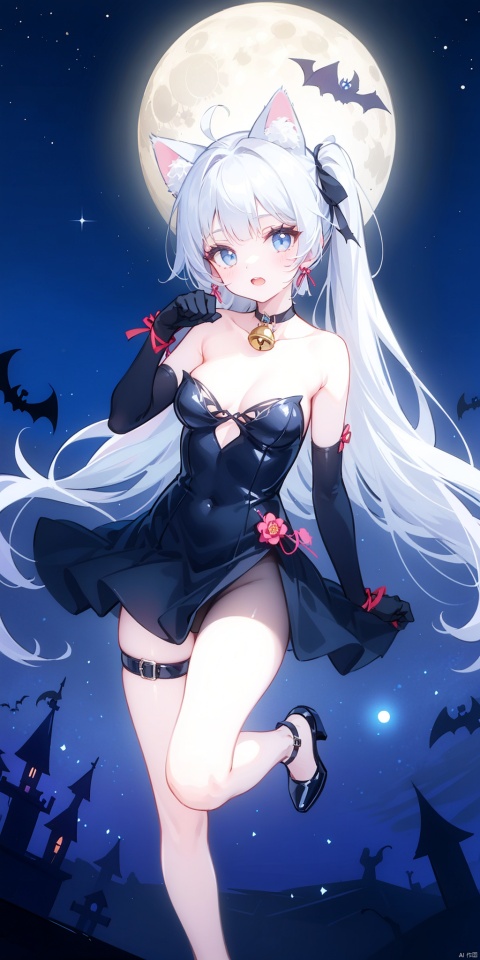 1girl, solo, long hair, breasts, looking at viewer, open mouth, bangs, blue eyes, gloves, dress, animal ears, bare shoulders, hair ribbon, ponytail, white hair, sidelocks, sky, choker, black gloves, cat ears, blunt bangs, black footwear, black dress, high heels, strapless, bell, thigh strap, night, fake animal ears, moon, night sky, neck bell, full moon, halloween, paw pose, halloween costume, bat \(animal\), kamisato ayaka