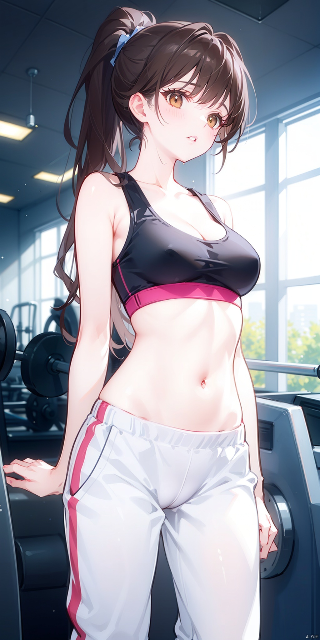  1girl, solo, breasts, brown hair, navel, cleavage, brown eyes, medium breasts, ponytail, parted lips, midriff, pants, lips, crop top, sports bra, realistic, gym