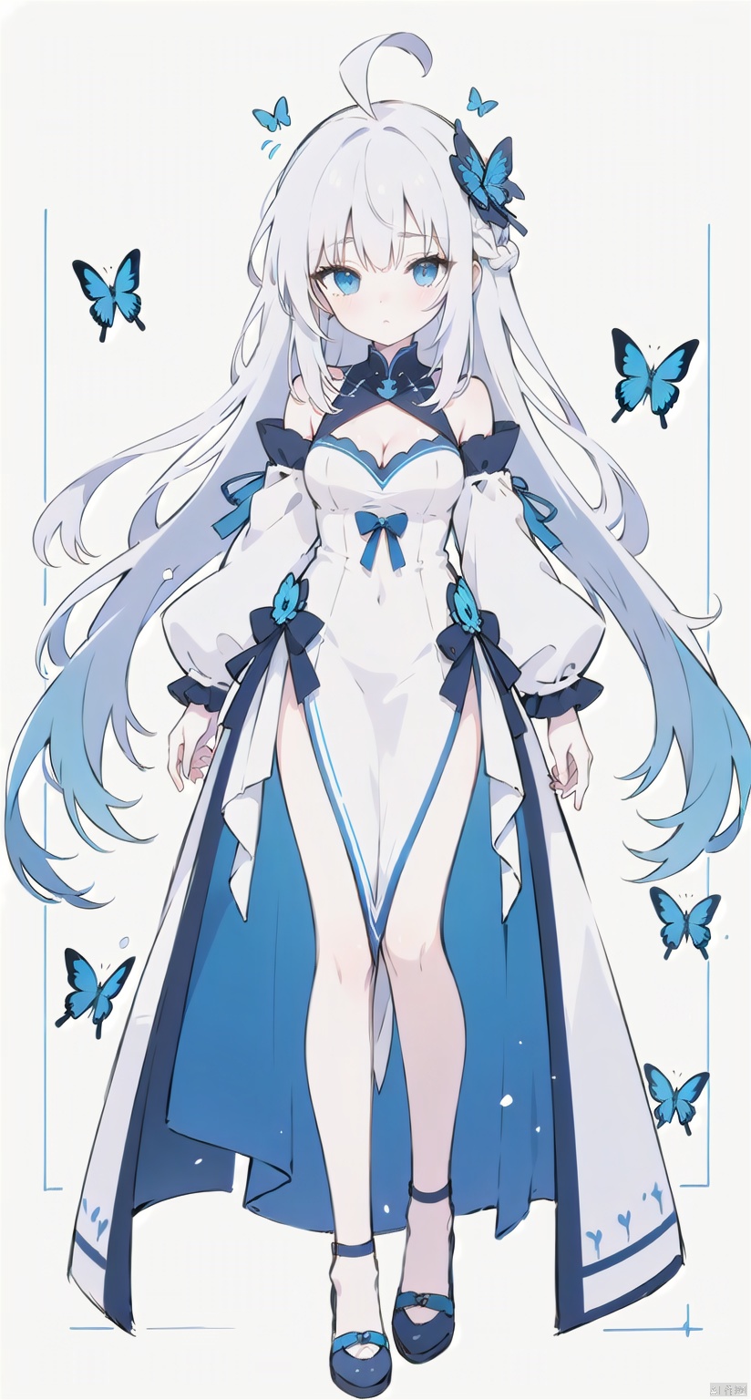1girl, solo, long hair, breasts, bangs, blue eyes, long sleeves, dress, very long hair, closed mouth, blue hair, ahoge, white hair, multicolored hair, small breasts, white dress, clothing cutout, cleavage cutout, bug, butterfly,Furina 