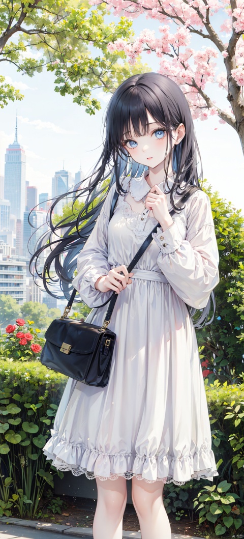 1girl, solo, long hair, looking at viewer, bangs, blue eyes, black hair, long sleeves, dress, holding, standing, flower, outdoors, bag, white dress, blurry, tree, handbag