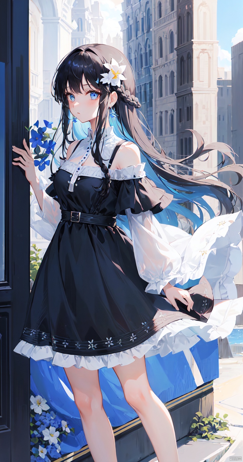 1girl, solo, long hair, bangs, blue eyes, black hair, hair ornament, dress, bare shoulders, jewelry, closed mouth, standing, braid, flower, earrings, artist name, hair flower, off shoulder, white dress, fur trim, profile, blue background, painting \(object\)