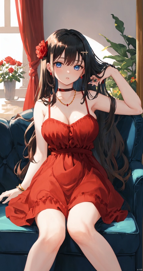 1girl, solo, long hair, breasts, looking at viewer, bangs, blue eyes, large breasts, black hair, hair ornament, dress, cleavage, bare shoulders, jewelry, sitting, collarbone, flower, parted lips, sleeveless, choker, indoors, necklace, head tilt, bare arms, bare legs, sleeveless dress, feet out of frame, rose, arm support, phone, short dress, red dress, table, curtains, red flower, couch, spaghetti strap, red choker, on couch, leaning to the side