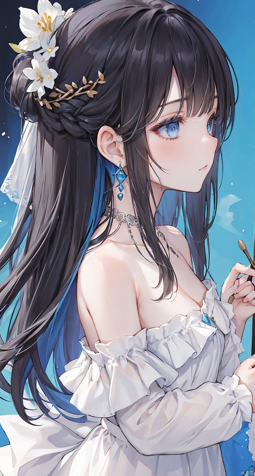 1girl, solo, long hair, bangs, blue eyes, black hair, hair ornament, dress, bare shoulders, jewelry, closed mouth, standing, braid, flower, earrings, artist name, hair flower, off shoulder, white dress, fur trim, profile, blue background, painting \(object\)
