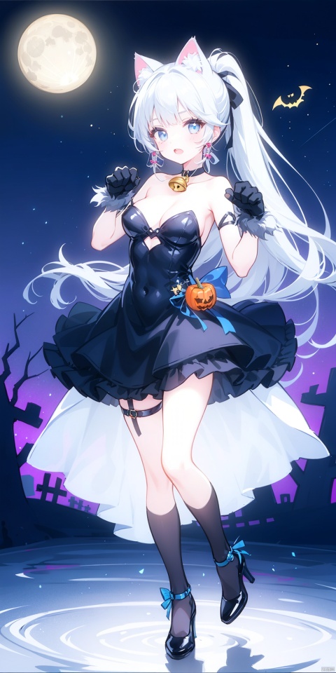 1girl, solo, long hair, breasts, looking at viewer, open mouth, bangs, blue eyes, gloves, dress, animal ears, bare shoulders, hair ribbon, ponytail, white hair, sidelocks, sky, choker, black gloves, cat ears, blunt bangs, black footwear, black dress, high heels, strapless, bell, thigh strap, night, fake animal ears, moon, night sky, neck bell, full moon, halloween, paw pose, halloween costume, bat \(animal\), kamisato ayaka