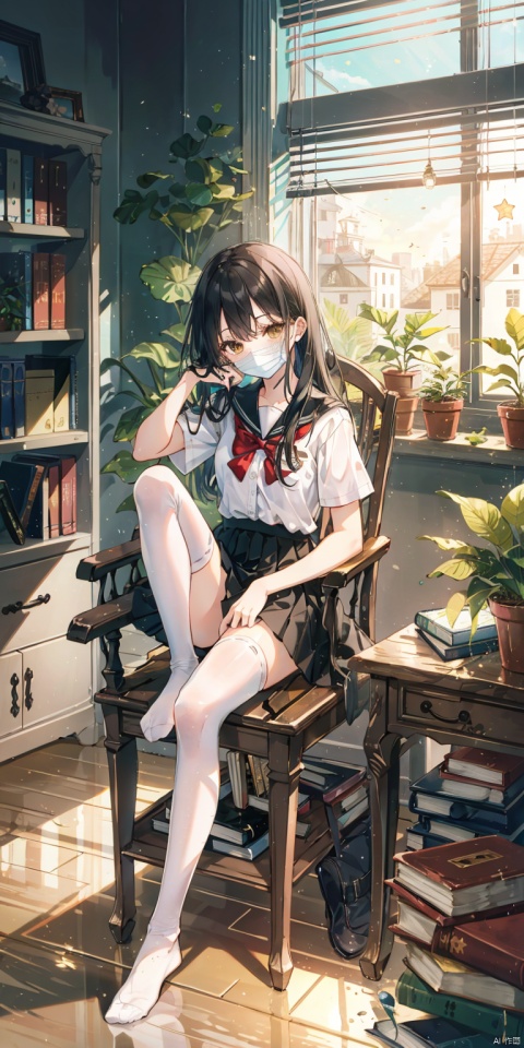 1girl, solo, long hair, looking at viewer, bangs, skirt, shirt, black hair, thighhighs, holding, brown eyes, sitting, closed mouth, school uniform, full body, white shirt, short sleeves, day, indoors, black skirt, star \(symbol\), white thighhighs, book, window, mask, chair, no shoes, stuffed toy, table, sunlight, plant, desk, knee up, brown skirt, bookshelf, potted plant, lamp, blinds