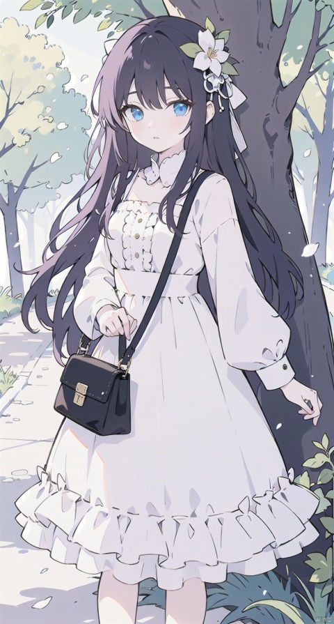 1girl, solo, long hair, looking at viewer, bangs, blue eyes, black hair, long sleeves, dress, holding, standing, flower, outdoors, bag, white dress, blurry, tree, handbag