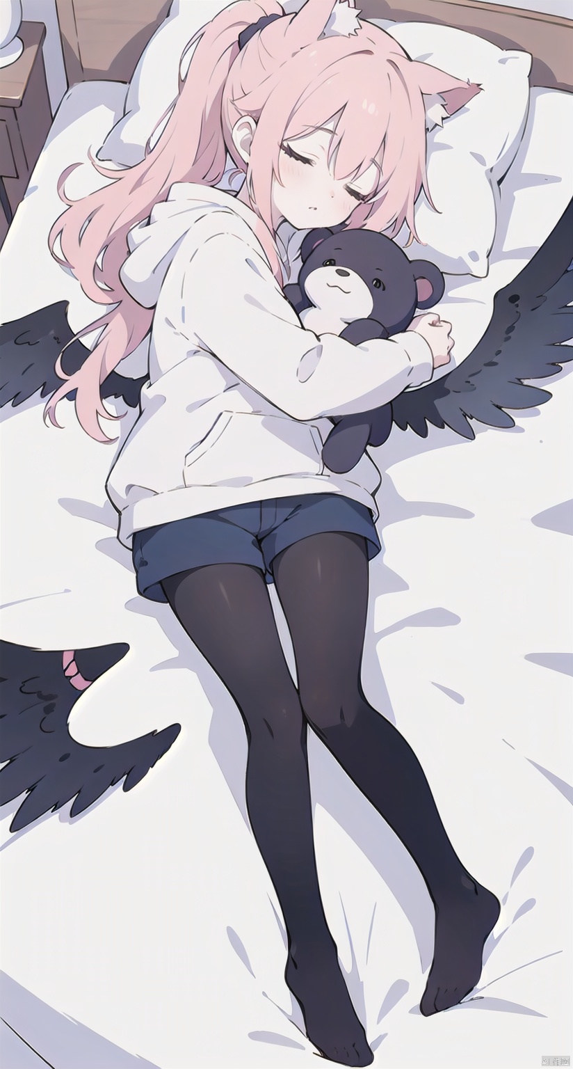 1girl, solo, long hair, bangs, long sleeves, animal ears, closed eyes, ponytail, pink hair, pantyhose, lying, wings, shorts, virtual youtuber, hood, pillow, short shorts, bed, hoodie, on bed, halo, on side, black shorts, stuffed toy, sleeping, stuffed animal, hood down, white pantyhose, object hug, white wings, white hoodie