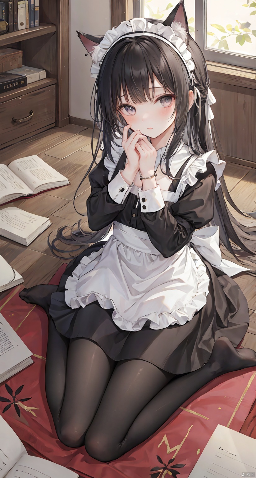 1girl, solo, long hair, black hair, dress, ribbon, holding, animal ears, jewelry, sitting, full body, short sleeves, pantyhose, indoors, cat ears, apron, bracelet, feet, book, black pantyhose, maid, maid headdress, toes, wariza, no shoes, soles, maid apron, holding book, on floor, covering face