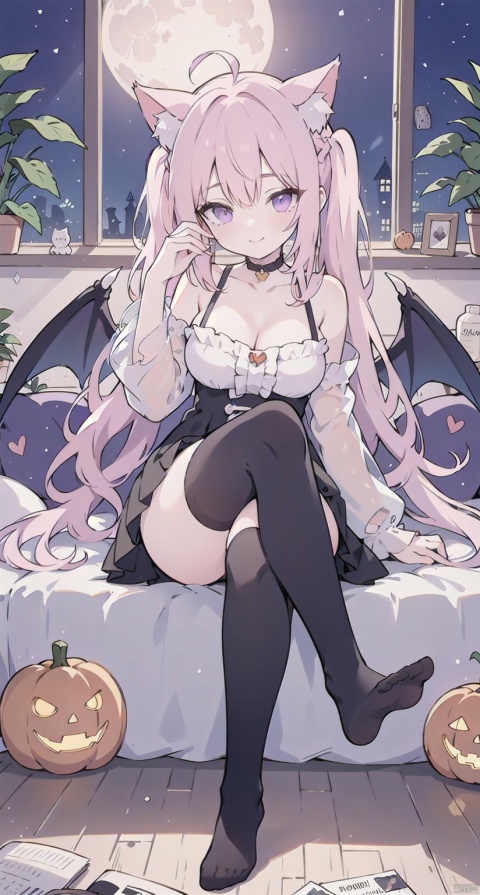 1girl, solo, long hair, breasts, looking at viewer, blush, smile, bangs, skirt, large breasts, hair ornament, thighhighs, animal ears, cleavage, bare shoulders, twintails, medium breasts, sitting, very long hair, closed mouth, purple eyes, tail, purple hair, braid, ahoge, heart, thighs, frills, detached sleeves, wings, choker, black thighhighs, indoors, virtual youtuber, cat ears, black skirt, feet, cat tail, animal ear fluff, see-through, pillow, torn clothes, window, toes, night, low twintails, black choker, no shoes, soles, moon, cat, crossed legs, cat girl, single thighhigh, night sky, full moon, halloween, demon wings, ghost, jack-o'-lantern, torn thighhighs, heart ahoge