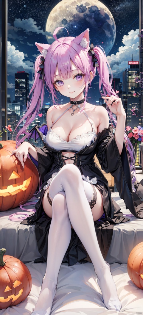 1girl, solo, long hair, breasts, looking at viewer, blush, smile, bangs, skirt, large breasts, hair ornament, thighhighs, animal ears, cleavage, bare shoulders, twintails, medium breasts, sitting, very long hair, closed mouth, purple eyes, tail, purple hair, braid, ahoge, heart, thighs, frills, detached sleeves, wings, choker, black thighhighs, indoors, virtual youtuber, cat ears, black skirt, feet, cat tail, animal ear fluff, see-through, pillow, torn clothes, window, toes, night, low twintails, black choker, no shoes, soles, moon, cat, crossed legs, cat girl, single thighhigh, night sky, full moon, halloween, demon wings, ghost, jack-o'-lantern, torn thighhighs, heart ahoge