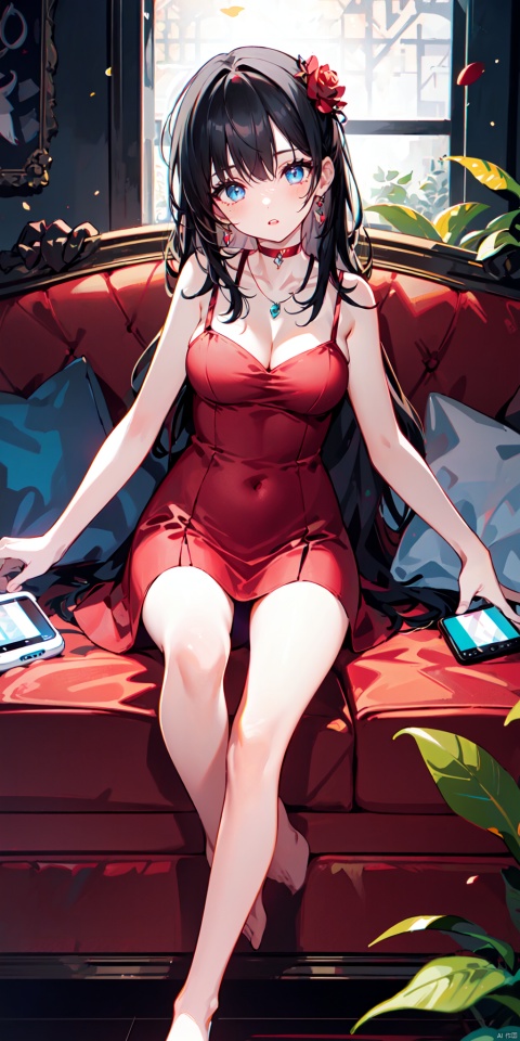 1girl, solo, long hair, breasts, looking at viewer, bangs, blue eyes, large breasts, black hair, hair ornament, dress, cleavage, bare shoulders, jewelry, sitting, collarbone, flower, parted lips, sleeveless, choker, indoors, necklace, head tilt, bare arms, bare legs, sleeveless dress, feet out of frame, rose, arm support, phone, short dress, red dress, table, curtains, red flower, couch, spaghetti strap, red choker, on couch, leaning to the side