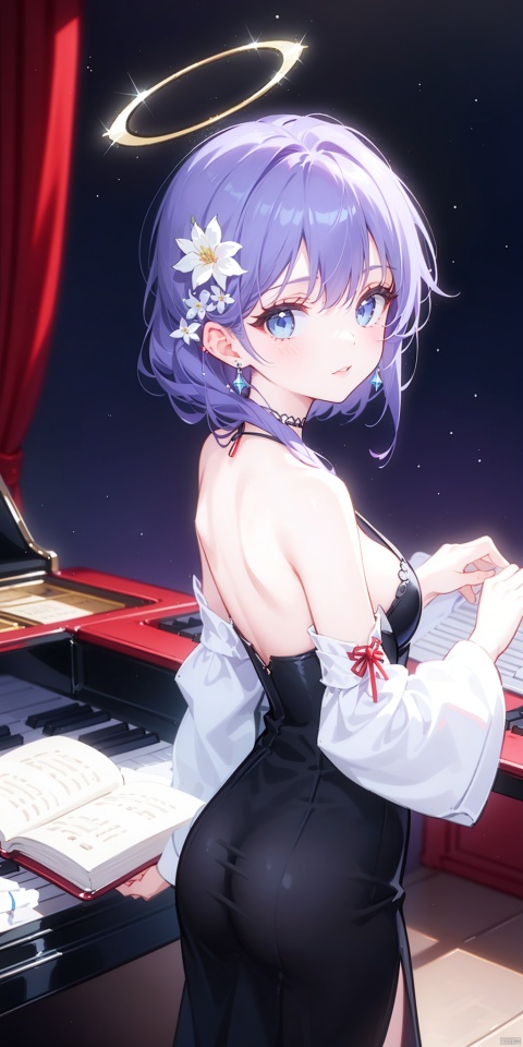 1girl, solo, looking at viewer, bangs, blue eyes, dress, bare shoulders, jewelry, purple hair, flower, earrings, detached sleeves, looking back, from behind, black dress, book, halo, piano