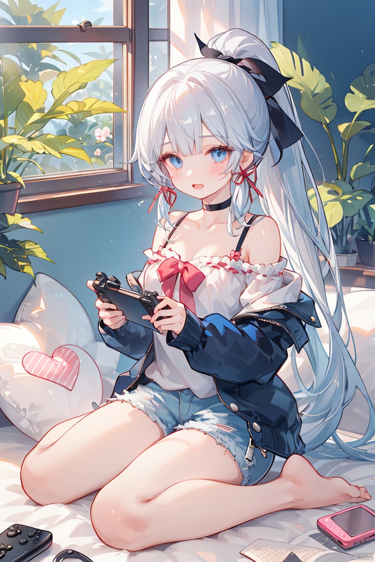 1girl, solo, long hair, looking at viewer, blush, open mouth, bangs, blue eyes, shirt, long sleeves, ribbon, holding, bare shoulders, sitting, very long hair, collarbone, hair ribbon, white shirt, ponytail, white hair, sidelocks, shorts, choker, indoors, blunt bangs, off shoulder, pillow, book, window,  black choker, wariza, high ponytail, plant, curtains, tress ribbon, white shorts, potted plant, controller, game controller, holding controller, holding game controller, kamisato ayaka