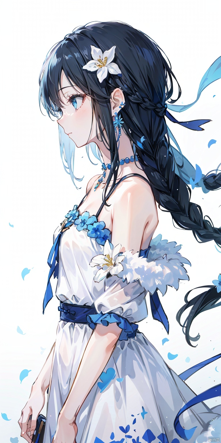 1girl, solo, long hair, bangs, blue eyes, black hair, hair ornament, dress, bare shoulders, jewelry, closed mouth, standing, braid, flower, earrings, artist name, hair flower, off shoulder, white dress, fur trim, profile, blue background, painting \(object\)