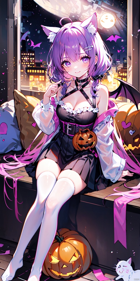 1girl, solo, long hair, breasts, looking at viewer, blush, smile, bangs, skirt, large breasts, hair ornament, thighhighs, animal ears, cleavage, bare shoulders, twintails, medium breasts, sitting, very long hair, closed mouth, purple eyes, tail, purple hair, braid, ahoge, heart, thighs, frills, detached sleeves, wings, choker, black thighhighs, indoors, virtual youtuber, cat ears, black skirt, feet, cat tail, animal ear fluff, see-through, pillow, torn clothes, window, toes, night, low twintails, black choker, no shoes, soles, moon, cat, crossed legs, cat girl, single thighhigh, night sky, full moon, halloween, demon wings, ghost, jack-o'-lantern, torn thighhighs, heart ahoge