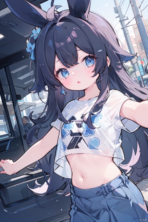 1girl, solo, long hair, breasts, looking at viewer, bangs, blue eyes, shirt, black hair, navel, animal ears, jewelry, white shirt, earrings, outdoors, parted lips, midriff, pants, rabbit ears, lips, crop top, see-through, dutch angle, fake animal ears, denim, outstretched arm, Pleated skirt, resting skirt, flying,