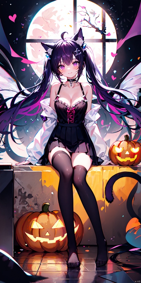 1girl, solo, long hair, breasts, looking at viewer, blush, smile, bangs, skirt, large breasts, hair ornament, thighhighs, animal ears, cleavage, bare shoulders, twintails, medium breasts, sitting, very long hair, closed mouth, purple eyes, tail, purple hair, braid, ahoge, heart, thighs, frills, detached sleeves, wings, choker, black thighhighs, indoors, virtual youtuber, cat ears, black skirt, feet, cat tail, animal ear fluff, see-through, pillow, torn clothes, window, toes, night, low twintails, black choker, no shoes, soles, moon, cat, crossed legs, cat girl, single thighhigh, night sky, full moon, halloween, demon wings, ghost, jack-o'-lantern, torn thighhighs, heart ahoge