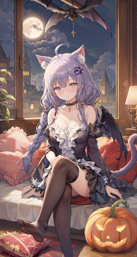 1girl, solo, long hair, breasts, looking at viewer, blush, smile, bangs, skirt, large breasts, hair ornament, thighhighs, animal ears, cleavage, bare shoulders, twintails, medium breasts, sitting, very long hair, closed mouth, purple eyes, tail, purple hair, braid, ahoge, heart, thighs, frills, detached sleeves, wings, choker, black thighhighs, indoors, virtual youtuber, cat ears, black skirt, feet, cat tail, animal ear fluff, see-through, pillow, torn clothes, window, toes, night, low twintails, black choker, no shoes, soles, moon, cat, crossed legs, cat girl, single thighhigh, night sky, full moon, halloween, demon wings, ghost, jack-o'-lantern, torn thighhighs, heart ahoge