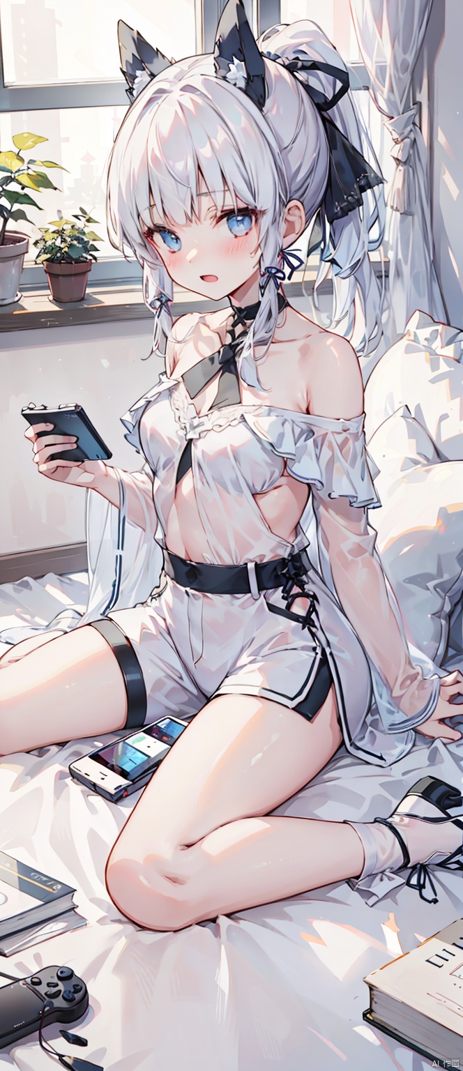 1girl, solo, long hair, looking at viewer, blush, open mouth, bangs, blue eyes, shirt, long sleeves, ribbon, holding, bare shoulders, sitting, very long hair, collarbone, hair ribbon, white shirt, ponytail, white hair, sidelocks, shorts, choker, indoors, blunt bangs, off shoulder, pillow, book, window,  black choker, wariza, high ponytail, plant, curtains, tress ribbon, white shorts, potted plant, controller, game controller, holding controller, holding game controller, kamisato ayaka