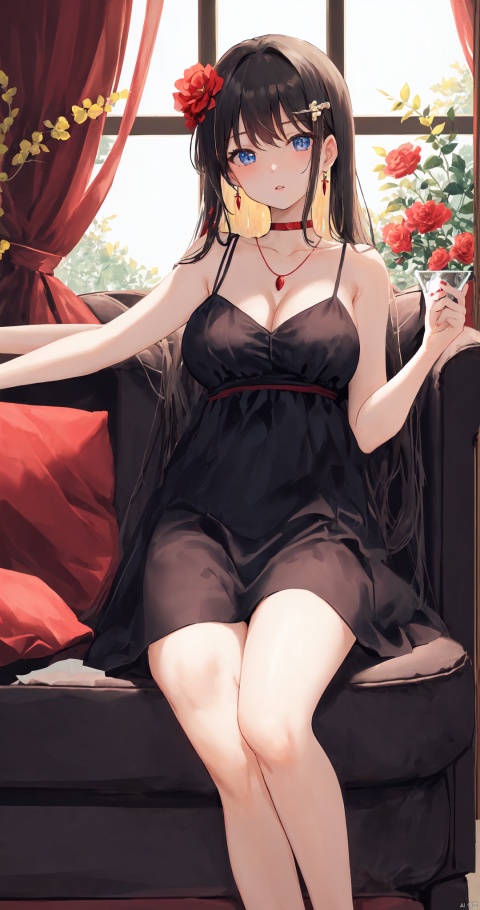 1girl, solo, long hair, breasts, looking at viewer, bangs, blue eyes, large breasts, black hair, hair ornament, dress, cleavage, bare shoulders, jewelry, sitting, collarbone, flower, parted lips, sleeveless, choker, indoors, necklace, head tilt, bare arms, bare legs, sleeveless dress, feet out of frame, rose, arm support, phone, short dress, red dress, table, curtains, red flower, couch, spaghetti strap, red choker, on couch, leaning to the side