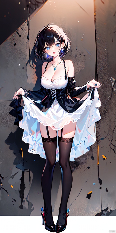 1girl, solo, breasts, looking at viewer, short hair, blue eyes, large breasts, black hair, thighhighs, dress, cleavage, bare shoulders, jewelry, standing, full body, earrings, black thighhighs, necklace, clothes lift, white dress, high heels, bracelet, garter straps, lace trim, against wall, lace-trimmed legwear