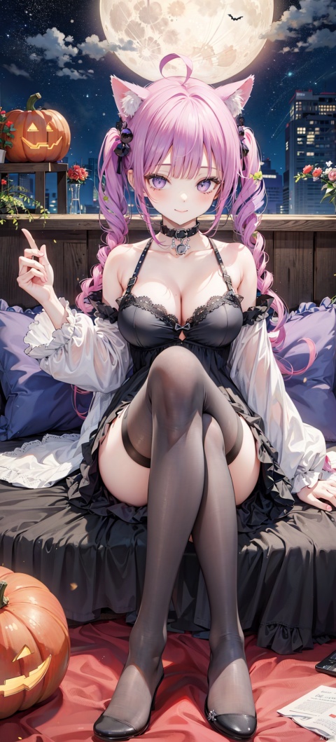 1girl, solo, long hair, breasts, looking at viewer, blush, smile, bangs, skirt, large breasts, hair ornament, thighhighs, animal ears, cleavage, bare shoulders, twintails, medium breasts, sitting, very long hair, closed mouth, purple eyes, tail, purple hair, braid, ahoge, heart, thighs, frills, detached sleeves, wings, choker, black thighhighs, indoors, virtual youtuber, cat ears, black skirt, feet, cat tail, animal ear fluff, see-through, pillow, torn clothes, window, toes, night, low twintails, black choker, no shoes, soles, moon, cat, crossed legs, cat girl, single thighhigh, night sky, full moon, halloween, demon wings, ghost, jack-o'-lantern, torn thighhighs, heart ahoge