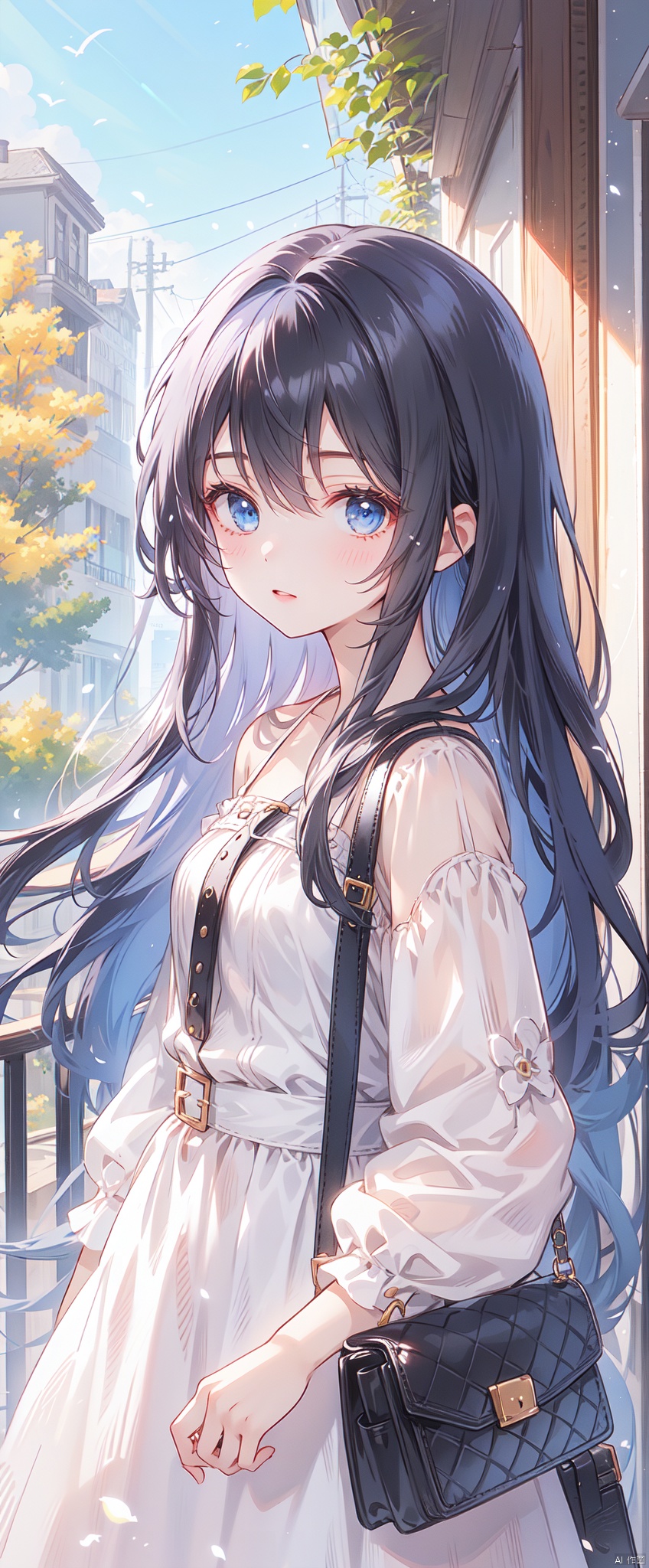 1girl, solo, long hair, looking at viewer, bangs, blue eyes, black hair, long sleeves, dress, holding, standing, flower, outdoors, bag, white dress, blurry, tree, handbag