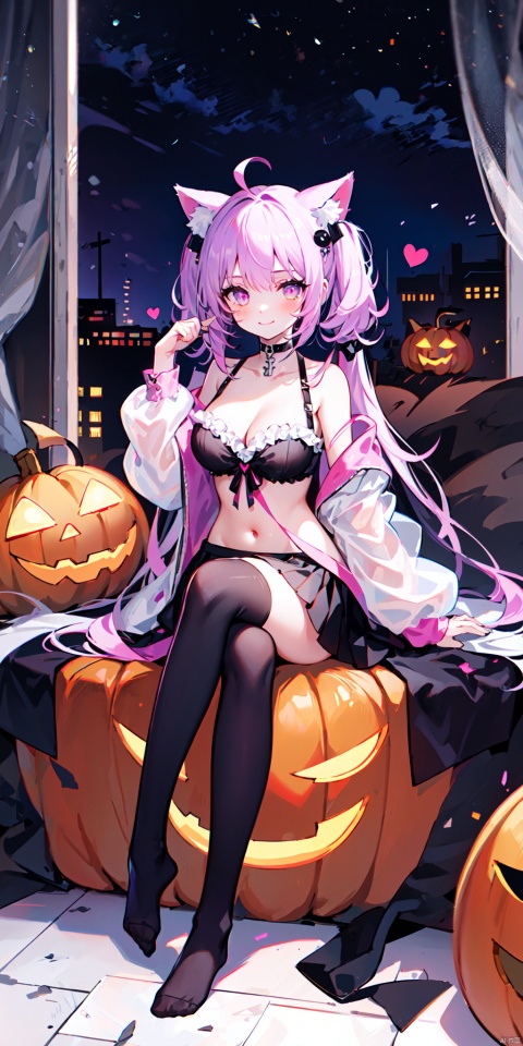 1girl, solo, long hair, breasts, looking at viewer, blush, smile, bangs, skirt, large breasts, hair ornament, thighhighs, animal ears, cleavage, bare shoulders, twintails, medium breasts, sitting, very long hair, closed mouth, purple eyes, tail, purple hair, braid, ahoge, heart, thighs, frills, detached sleeves, wings, choker, black thighhighs, indoors, virtual youtuber, cat ears, black skirt, feet, cat tail, animal ear fluff, see-through, pillow, torn clothes, window, toes, night, low twintails, black choker, no shoes, soles, moon, cat, crossed legs, cat girl, single thighhigh, night sky, full moon, halloween, demon wings, ghost, jack-o'-lantern, torn thighhighs, heart ahoge