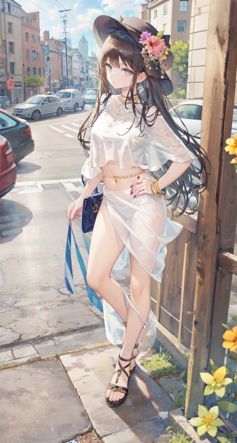 1girl, solo, breasts, bangs, large breasts, shirt, black hair, hair ornament, hat, navel, jewelry, standing, full body, flower, earrings, outdoors, midriff, pants, hair flower, necklace, bag, nail polish, blurry, bracelet, crop top, see-through, hand on hip, white headwear, sandals, ring, toenails, city, toenail polish, road, navel piercing, street