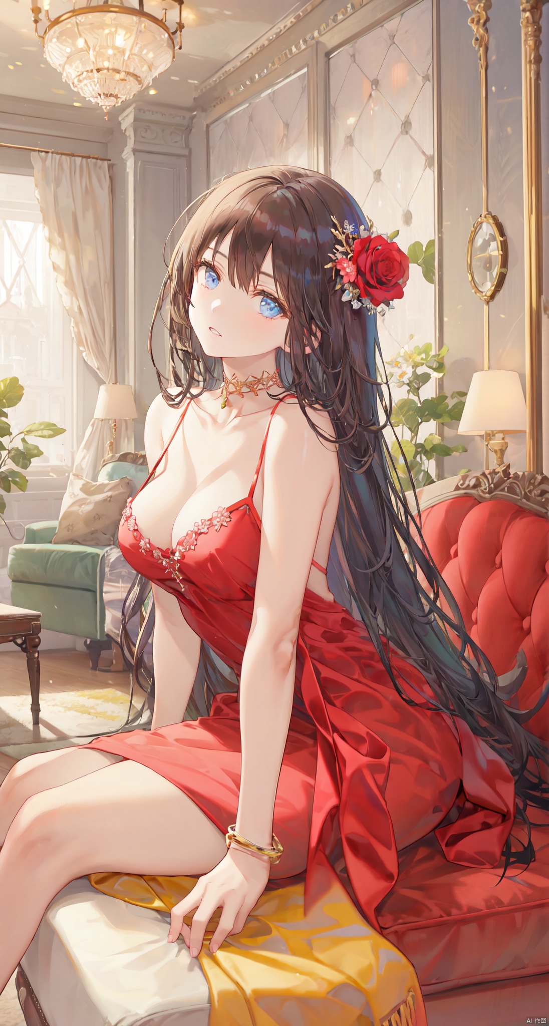 1girl, solo, long hair, breasts, looking at viewer, bangs, blue eyes, large breasts, black hair, hair ornament, dress, cleavage, bare shoulders, jewelry, sitting, collarbone, flower, parted lips, sleeveless, choker, indoors, necklace, head tilt, bare arms, bare legs, sleeveless dress, feet out of frame, rose, arm support, phone, short dress, red dress, table, curtains, red flower, couch, spaghetti strap, red choker, on couch, leaning to the side