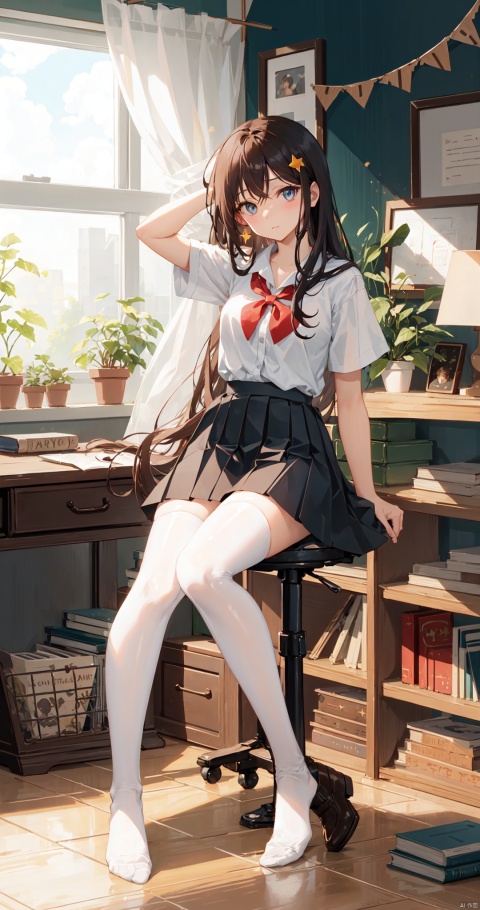 1girl, solo, long hair, looking at viewer, bangs, skirt, shirt, black hair, thighhighs, holding, brown eyes, sitting, closed mouth, school uniform, full body, white shirt, short sleeves, day, indoors, black skirt, star \(symbol\), white thighhighs, book, window, mask, chair, no shoes, stuffed toy, table, sunlight, plant, desk, knee up, brown skirt, bookshelf, potted plant, lamp, blinds