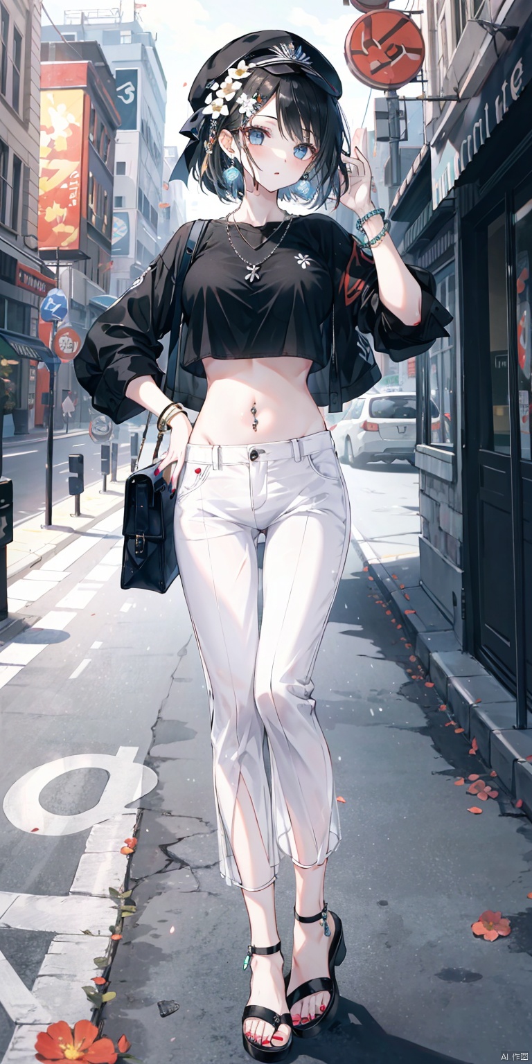 1girl, solo, breasts, bangs, large breasts, shirt, black hair, hair ornament, hat, navel, jewelry, standing, full body, flower, earrings, outdoors, midriff, pants, hair flower, necklace, bag, nail polish, blurry, bracelet, crop top, see-through, hand on hip, white headwear, sandals, ring, toenails, city, toenail polish, road, navel piercing, street