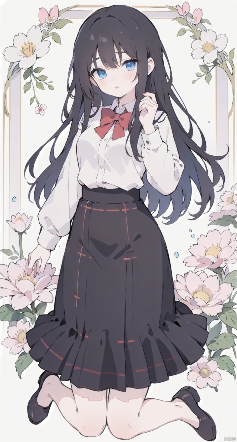 1girl, solo, long hair, looking at viewer, bangs, blue eyes, skirt, shirt, black hair, long sleeves, white shirt, flower, shoes, plaid, kneeling, plaid skirt, hand on own chest, pink footwear, red lips