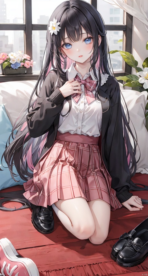 1girl, solo, long hair, looking at viewer, bangs, blue eyes, skirt, shirt, black hair, long sleeves, white shirt, flower, shoes, plaid, kneeling, plaid skirt, hand on own chest, pink footwear, red lips