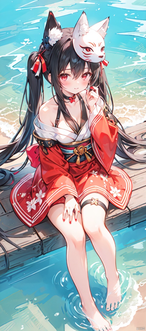 1girl, solo, long hair, breasts, looking at viewer, bangs, black hair, red eyes, long sleeves, dress, bow, holding, cleavage, hair between eyes, bare shoulders, twintails, medium breasts, very long hair, full body, detached sleeves, japanese clothes, water, sash, bare legs, thigh strap, mask, obi, red dress, pink dress, red nails, fish, string, fox mask, ripples, string of fate, holding mask