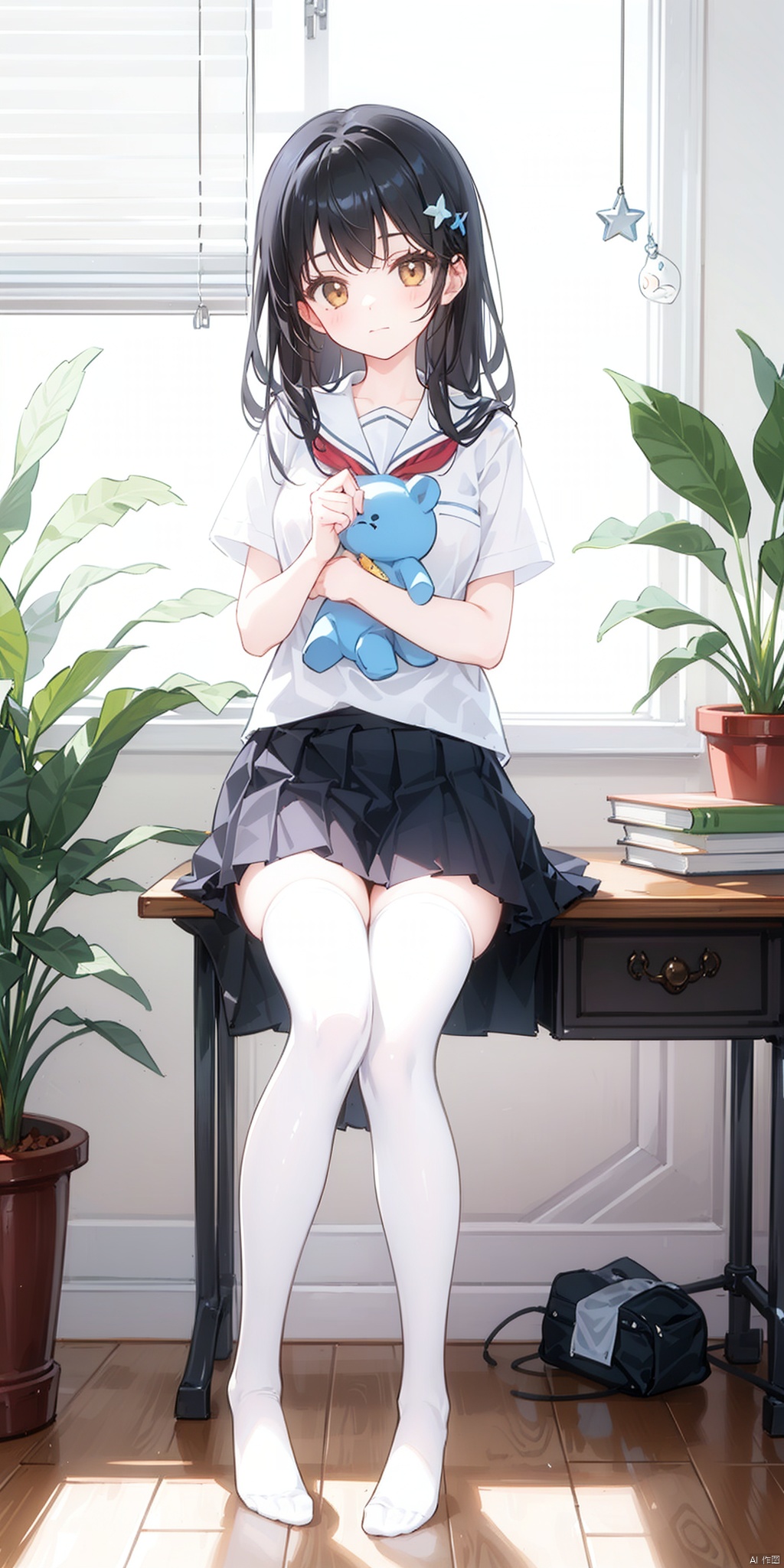 1girl, solo, long hair, looking at viewer, bangs, skirt, shirt, black hair, thighhighs, holding, brown eyes, sitting, closed mouth, school uniform, full body, white shirt, short sleeves, day, indoors, black skirt, star \(symbol\), white thighhighs, book, window, mask, chair, no shoes, stuffed toy, table, sunlight, plant, desk, knee up, brown skirt, bookshelf, potted plant, lamp, blinds