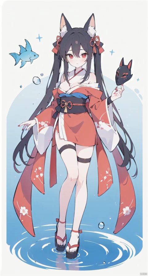 1girl, solo, long hair, breasts, looking at viewer, bangs, black hair, red eyes, long sleeves, dress, bow, holding, cleavage, hair between eyes, bare shoulders, twintails, medium breasts, very long hair, full body, detached sleeves, japanese clothes, water, sash, bare legs, thigh strap, mask, obi, red dress, pink dress, red nails, fish, string, fox mask, ripples, string of fate, holding mask