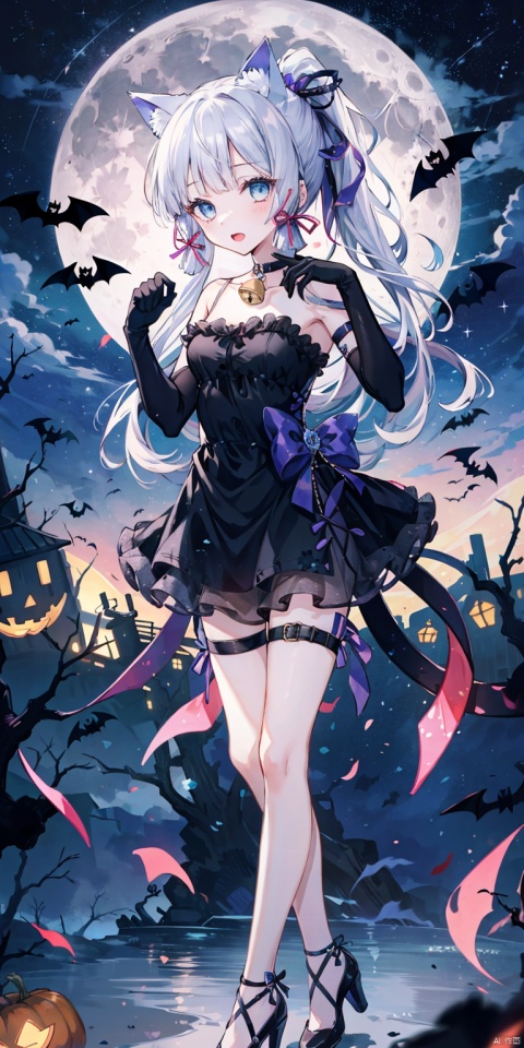 1girl, solo, long hair, breasts, looking at viewer, open mouth, bangs, blue eyes, gloves, dress, animal ears, bare shoulders, hair ribbon, ponytail, white hair, sidelocks, sky, choker, black gloves, cat ears, blunt bangs, black footwear, black dress, high heels, strapless, bell, thigh strap, night, fake animal ears, moon, night sky, neck bell, full moon, halloween, paw pose, halloween costume, bat \(animal\), kamisato ayaka