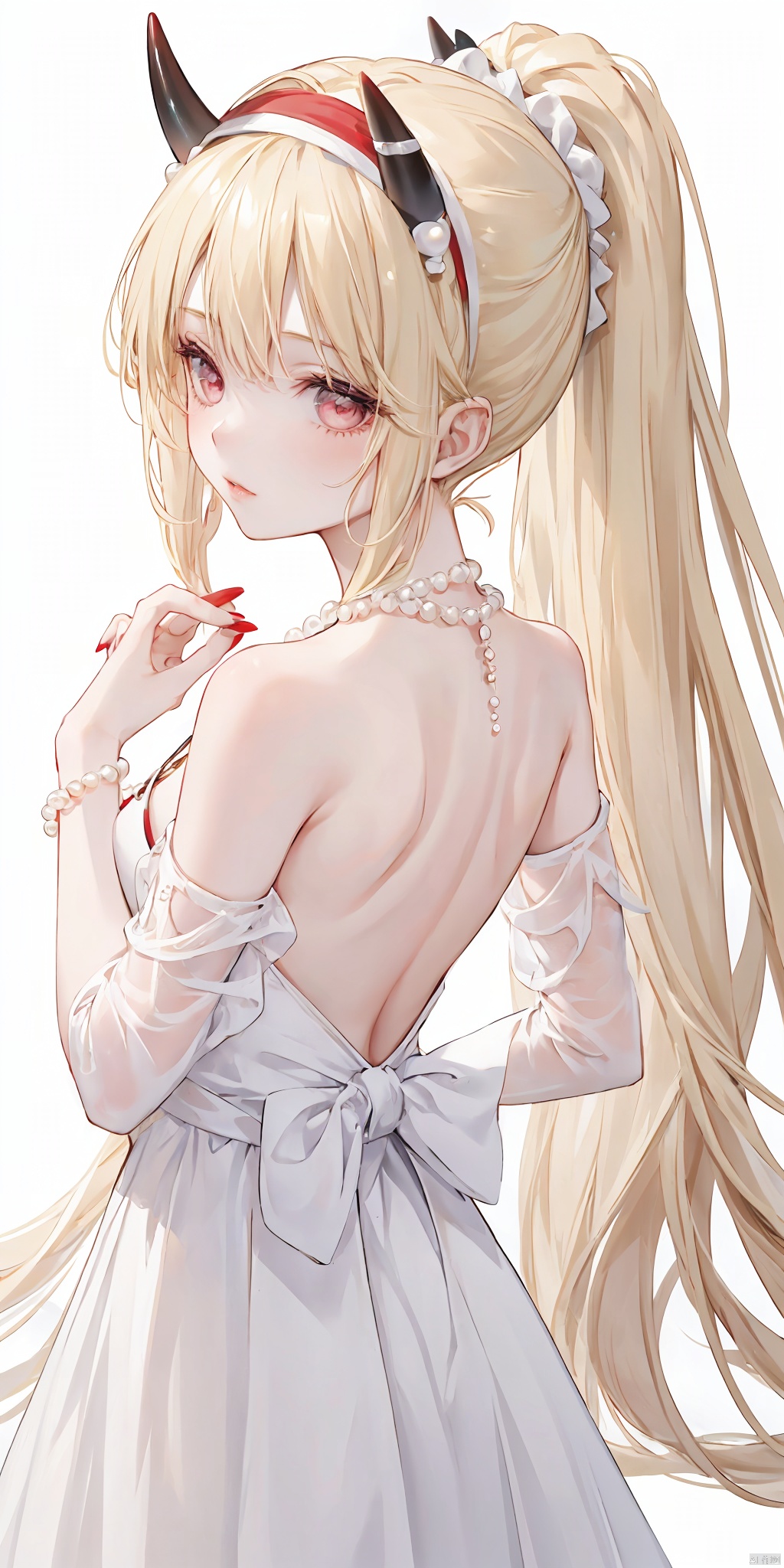 1girl, solo, long hair, blonde hair, simple background, white background, dress, bare shoulders, jewelry,  ponytail, hairband, horns, artist name, necklace, from behind, nail polish, lips, back, red nails, pearl necklace