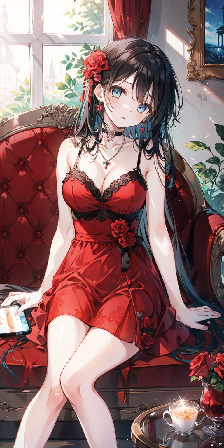 1girl, solo, long hair, breasts, looking at viewer, bangs, blue eyes, large breasts, black hair, hair ornament, dress, cleavage, bare shoulders, jewelry, sitting, collarbone, flower, parted lips, sleeveless, choker, indoors, necklace, head tilt, bare arms, bare legs, sleeveless dress, feet out of frame, rose, arm support, phone, short dress, red dress, table, curtains, red flower, couch, spaghetti strap, red choker, on couch, leaning to the side