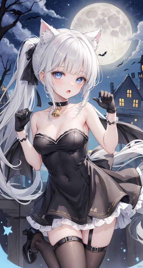 1girl, solo, long hair, breasts, looking at viewer, open mouth, bangs, blue eyes, gloves, dress, animal ears, bare shoulders, hair ribbon, ponytail, white hair, sidelocks, sky, choker, black gloves, cat ears, blunt bangs, black footwear, black dress, high heels, strapless, bell, thigh strap, night, fake animal ears, moon, night sky, neck bell, full moon, halloween, paw pose, halloween costume, bat \(animal\), kamisato ayaka