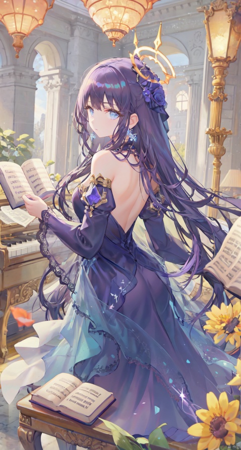 1girl, solo, looking at viewer, bangs, blue eyes, dress, bare shoulders, jewelry, purple hair, flower, earrings, detached sleeves, looking back, from behind, black dress, book, halo, piano