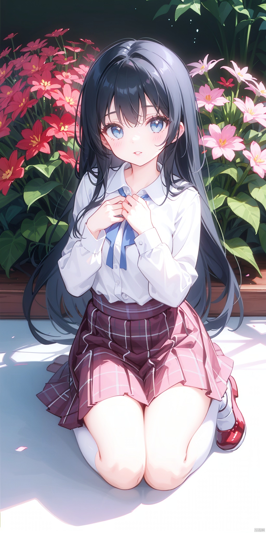 1girl, solo, long hair, looking at viewer, bangs, blue eyes, skirt, shirt, black hair, long sleeves, white shirt, flower, shoes, plaid, kneeling, plaid skirt, hand on own chest, pink footwear, red lips