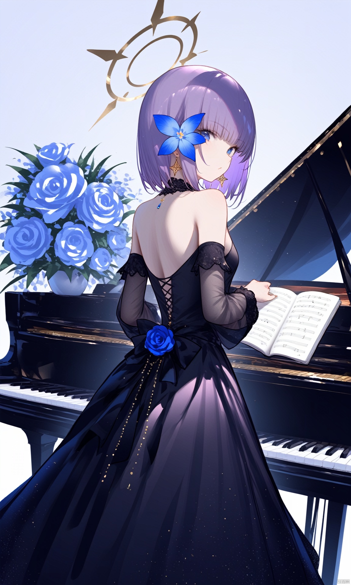 1girl, solo, looking at viewer, bangs, blue eyes, dress, bare shoulders, jewelry, purple hair, flower, earrings, detached sleeves, looking back, from behind, black dress, book, halo, piano