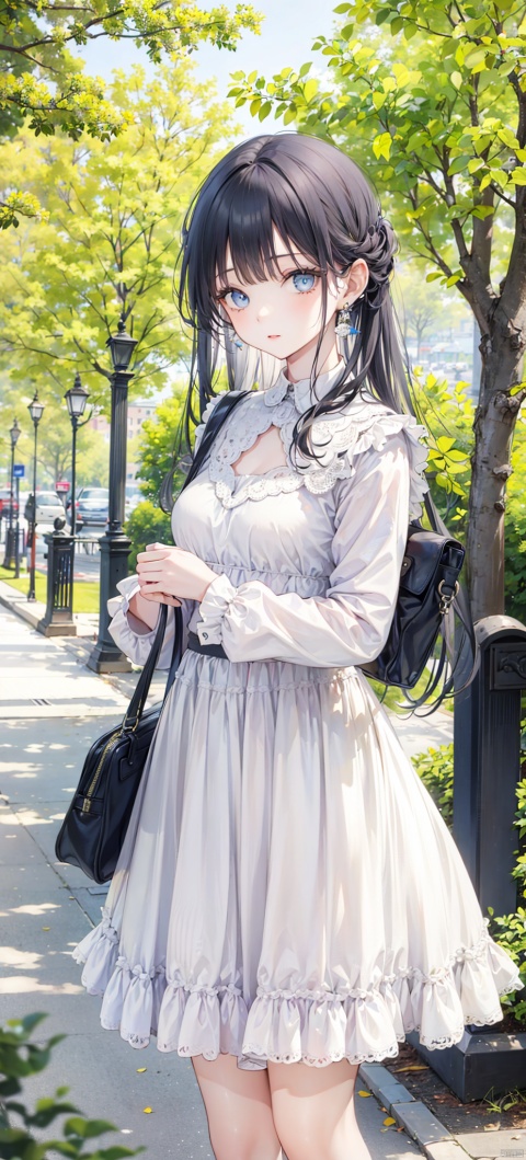 1girl, solo, long hair, looking at viewer, bangs, blue eyes, black hair, long sleeves, dress, holding, standing, flower, outdoors, bag, white dress, blurry, tree, handbag