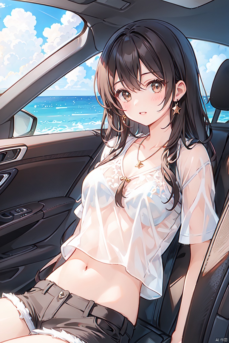 1girl, solo, long hair, breasts, looking at viewer, blush, bangs, shirt, black hair, navel, brown eyes, jewelry, underwear, white shirt, outdoors, parted lips, sky, shorts, day, midriff, cloud, necklace, bra, lips, crop top, see-through, short shorts, ocean, watermark, ground vehicle, motor vehicle, white bra, car, see-through shirt, car interior